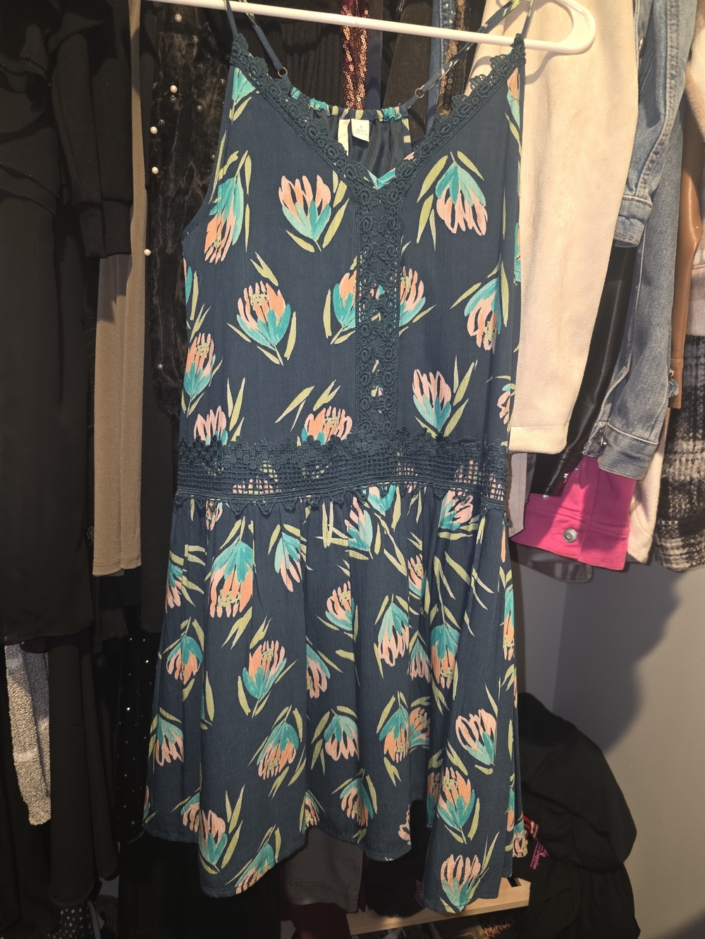 LC Lauren Conrad Navy Floral Crochet-Trim Dress